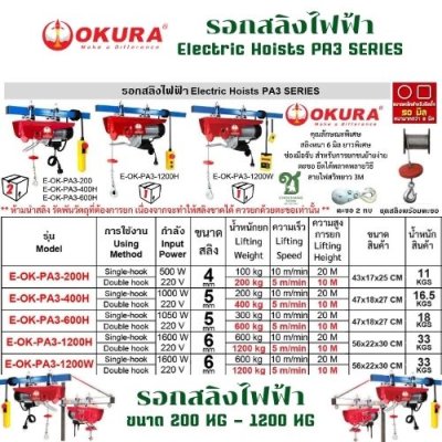 รอกสลิงไฟฟ้า (มีรีโมท) OKURA รุ่น PA3-1200W