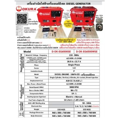 เครื่องปั่นไฟฟ้า OKURA รุ่น : OK-EG6500SE