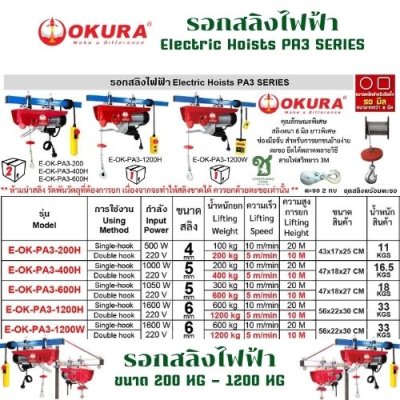 รอกสลิงไฟฟ้า PA3 OKURA รุ่น OK-PA3-600H