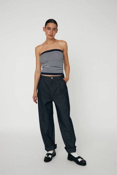 Unwashed Denim Scallop Pants - Raw Denim