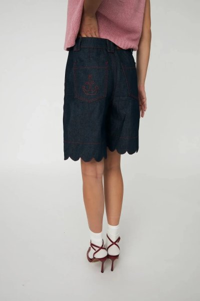 Unwashed Denim Scallop Shorts - Raw Denim
