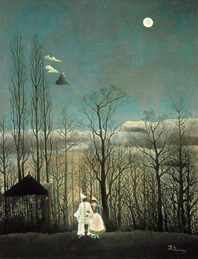 Pierrots, standing in a stark, stylized forest landscape