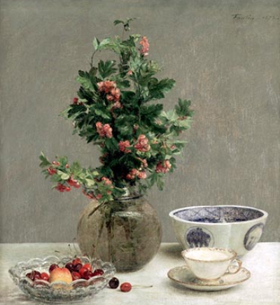 Still Life with Vase of Hawthorn, Bowl of Cherries, Japanese Bowl, and Cup and Saucer