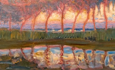 Row of eleven poplars in red, yellow, blue and green