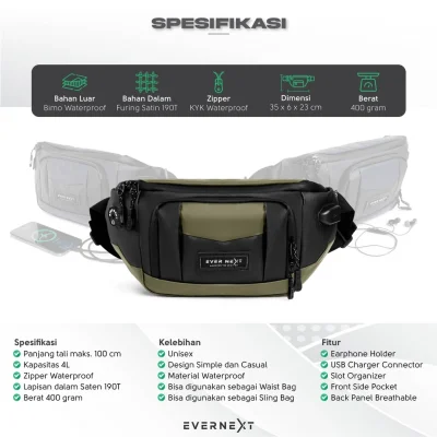 Evernext - Tas Selempang Pria Anti Air Waist Bag Curve Waterproof Tas Pinggang Pria Anti Air