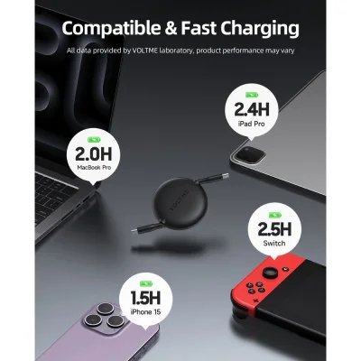 VOLTME POWERLINK YOYO RETRACTABLE USB-C TO USB-C: 1M :100W-Black