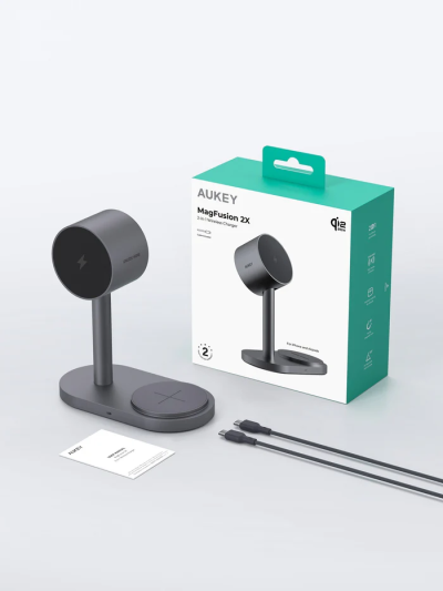ที่ชาร์จไร้สาย AUKEY 2-in-1 Qi2.2 Wireless Charger Magnetic Stand 25W Gray