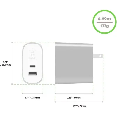 อะแดปเตอร์ Belkin [F7U061DQ-SLV] USB-C 1 Port 27W/3A + USB-A 12W/2.4A
