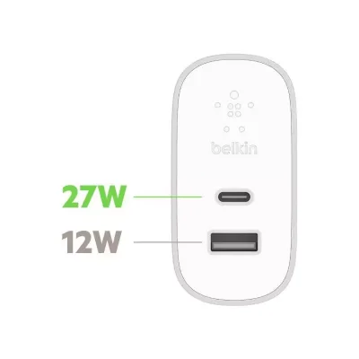 อะแดปเตอร์ Belkin [F7U061DQ-SLV] USB-C 1 Port 27W/3A + USB-A 12W/2.4A