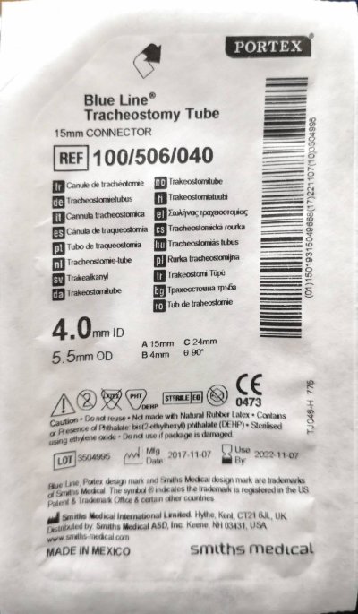 ท่อเจาะคอ Portex Blue Line Uncuffed Tracheostomy Tube สำหรับเด็ก (100/506)