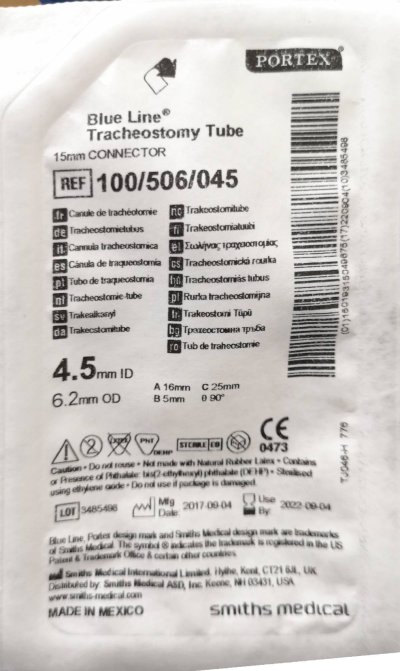 ท่อเจาะคอ Portex Blue Line Uncuffed Tracheostomy Tube สำหรับเด็ก (100/506)