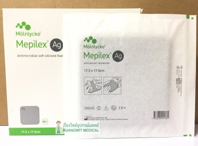 Mepilex Ag 17.5x17.5 cm แผ่นโฟมซิลิโคนปิดแผลชนิดต้านจุลชีพ (1 แผ่น) (exp 28-5-2569) แผ่นสภาพปกติ