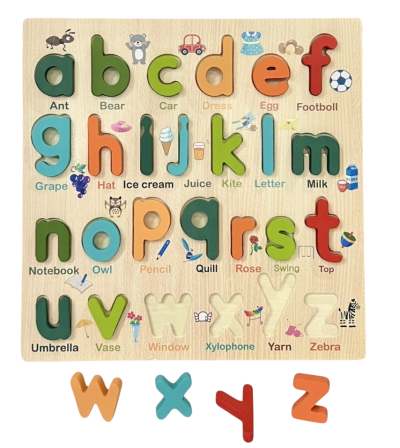 กระดานฉลุบล็อคนูน a-z ตัวพิมพ์เล็กกับคำศัพท์