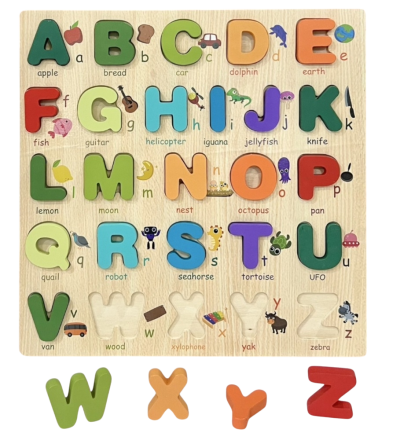 กระดานฉลุบล็อกนูน A-Z ตัวพิมพ์ใหญ่กับคำศัพท์