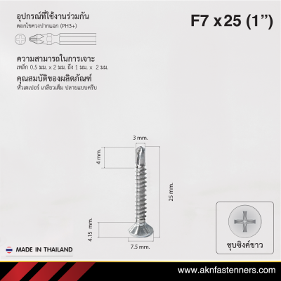 สกรูปลายสว่านหัวเตเปอร์ F7x25 มม. (1 นิ้ว) ชุบขาว