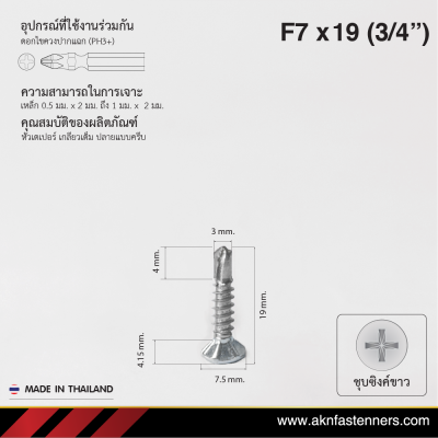 สกรูปลายสว่านหัวเตเปอร์ F7x19 มม. (3/4 นิ้ว) ชุบขาว