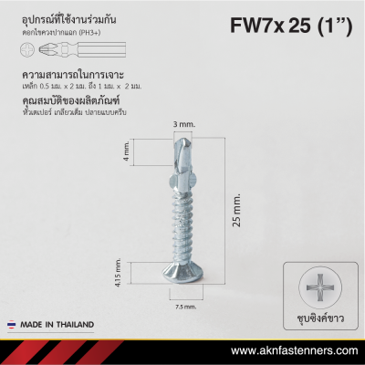 สกรูปลายสว่านหัวเตเปอร์มีปีก FW7x25 มม. (1 นิ้ว) ชุบขาว
