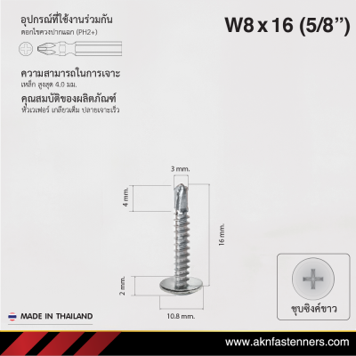 สกรูปลายสว่านหัวเวเฟอร์ W8x16 มม. (5/8 นิ้ว) ชุบขาว