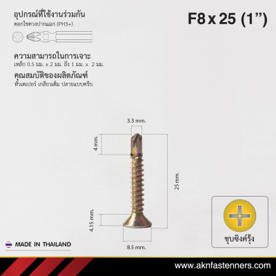 สกรูปลายสว่านหัวเตเปอร์ F8x25 มม. (1 นิ้ว) ชุบซิงค์รุ้ง