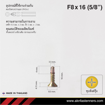 สกรูปลายสว่านหัวเตเปอร์ F8x16 มม. (5/8 นิ้ว) ชุบซิงค์รุ้ง