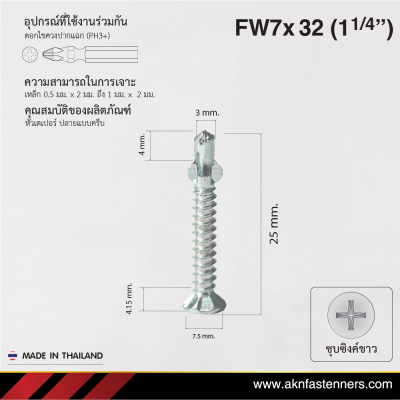 สกรูปลายสว่านหัวเตเปอร์มีปีก FW7x32 มม. (1-1/4 นิ้ว) ชุบขาว