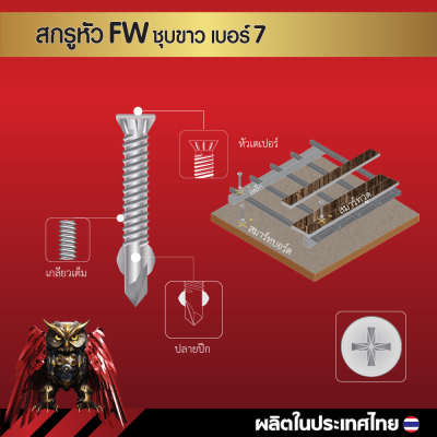 สกรูปลายสว่านหัวเตเปอร์มีปีก FW7x25 มม. (1 นิ้ว) ชุบขาว