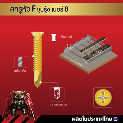สกรูปลายสว่านหัวเตเปอร์ F8x32 มม. (1-1/4 นิ้ว) ชุบซิงค์รุ้ง