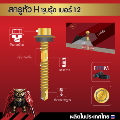 สกรูปลายสว่านหัวหกเหลี่ยม H12 14x48 มม. (2 นิ้ว) ชุบซิงค์รุ้ง