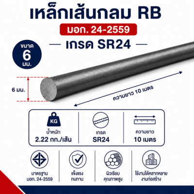 เหล็กเส้นกลม SR24 ขนาด 6 มิลยาว 10 เมตร
