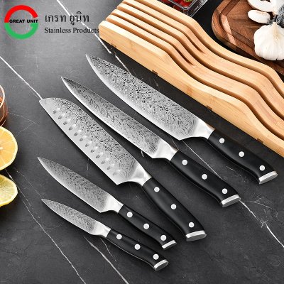 มีดครัว ลายดามัสกัส สแตนเลสเกรด 50CR13 เหล็กแข็ง คมนาน ด้ามจับสีแดงนุ่มมือ ไม่ลื่น