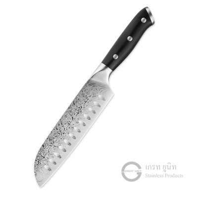 มีดครัว ลายดามัสกัส สแตนเลสเกรด 50CR13 เหล็กแข็ง คมนาน ด้ามจับสีแดงนุ่มมือ ไม่ลื่น