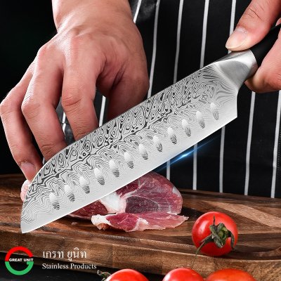 มีดครัว ลายดามัสกัส สแตนเลสเกรด 50CR13 เหล็กแข็ง คมนาน ด้ามจับสีแดงนุ่มมือ ไม่ลื่น