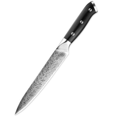 มีดครัว ลายดามัสกัส สแตนเลสเกรด 50CR13 เหล็กแข็ง คมนาน ด้ามจับสีแดงนุ่มมือ ไม่ลื่น