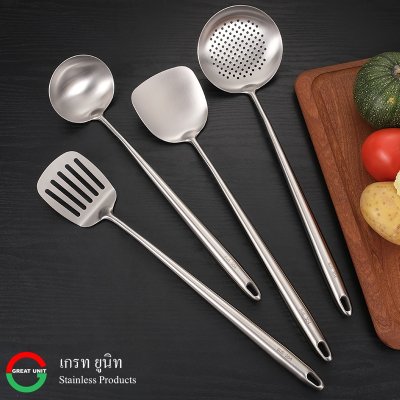 ตะหลิว ตะหลิวเชล กระบวย กระชอน ทัพพี กระบวยตักเส้น อุปกรณ์เครื่องครัว ชุดทำกับข้าว ด้ามจับสูญญากาศ ไม่ร้อนมือ ทำจากสแตนเลส 304 ด้ามเพิ่มความยาว