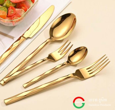 ช้อนส้อม ด้ามลาย8เหลี่ยม Stainless steel ขัดเงาสวยงาม เพิ่มความหนา ใช้ทน