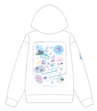 แบบที่ 4.1 เสื้อฮู้ดดี้สีขาว ลายเรียนเราเด่นเล่นเราดี