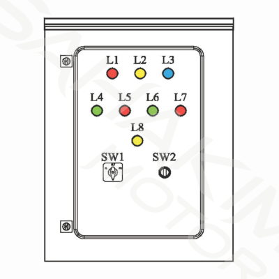 ผังหน้าตู้ควบคุมบูสเตอร์ปั๊ม 1 ปั๊ม STAC ระบบ Star-Delta รุ่น BPO301S00 แสดงไฟสถานะ L1-L8 และสวิตช์ SW1-SW2