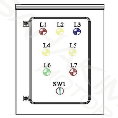 ผังหน้าตู้ควบคุมซูเอจปั๊ม/ปั๊มแช่ 1 ปั๊ม STAC รุ่น SPO301D00 แสดงไฟสถานะ L1-L7 และสวิตช์ควบคุม SW1