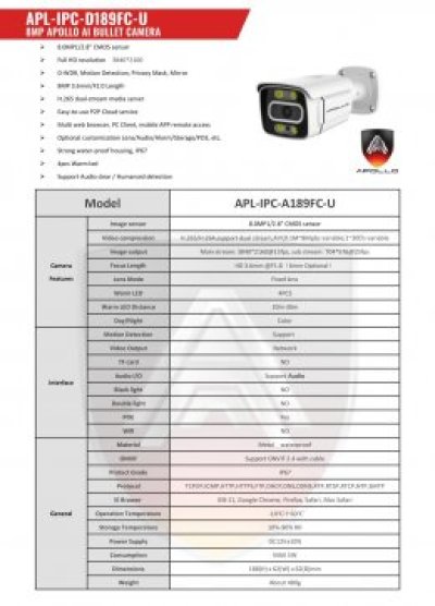 กล้องวงจรปิดเชียงใหม่ CCTV IP Camera 8MP AI APL-IPC-A189FC-U