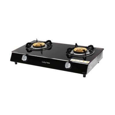 เตาแก๊ส 2 หัว หน้ากระจกนิรภัย ระบบ Thermo Cutoff / Safety Device บอดี้สแตนเลส