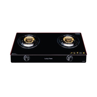 Double burner gas stove with tempered glass, safety device and stainless steel body