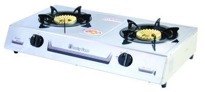 Double burner gas stove with cyclone burners and stainless steel surface
