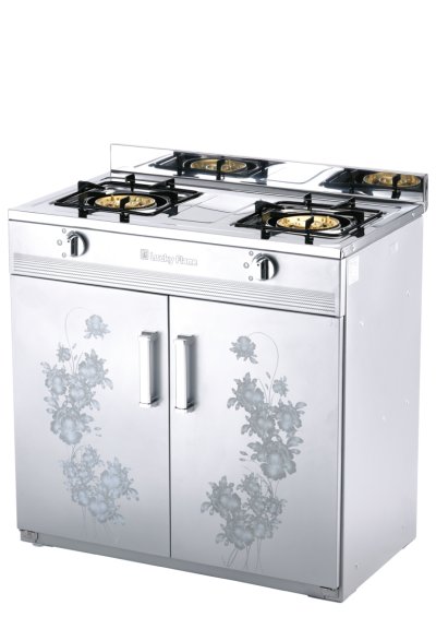 Double burner gas cabinet stove with auto ignition and storage