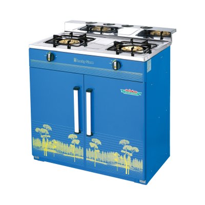 Double burner gas cabinet stove with cast iron burners and storage