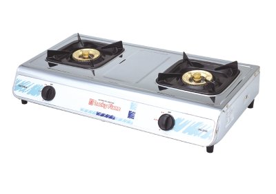 Double burner gas stove with brass burners and stainless steel body