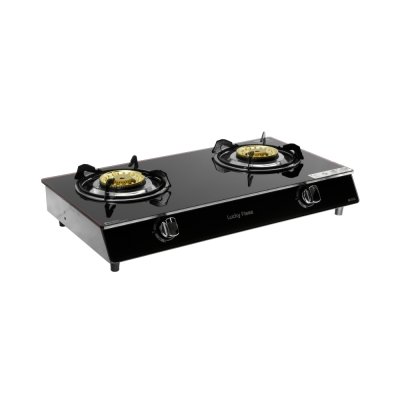 Double burner gas stove with tempered glass, safety device and stainless steel body