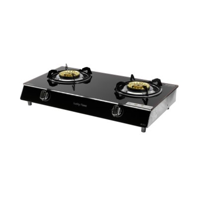 Double burner gas stove with tempered glass, safety device and stainless steel body