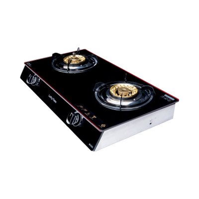 เตาแก๊ส 2 หัว หน้ากระจกนิรภัย ระบบ Thermo Cutoff / Safety Device บอดี้สแตนเลส
