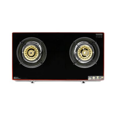 Double burner gas stove with tempered glass, safety device and stainless steel body