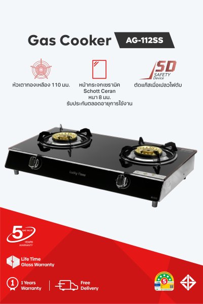 Double burner gas stove with tempered glass, safety device and stainless steel body